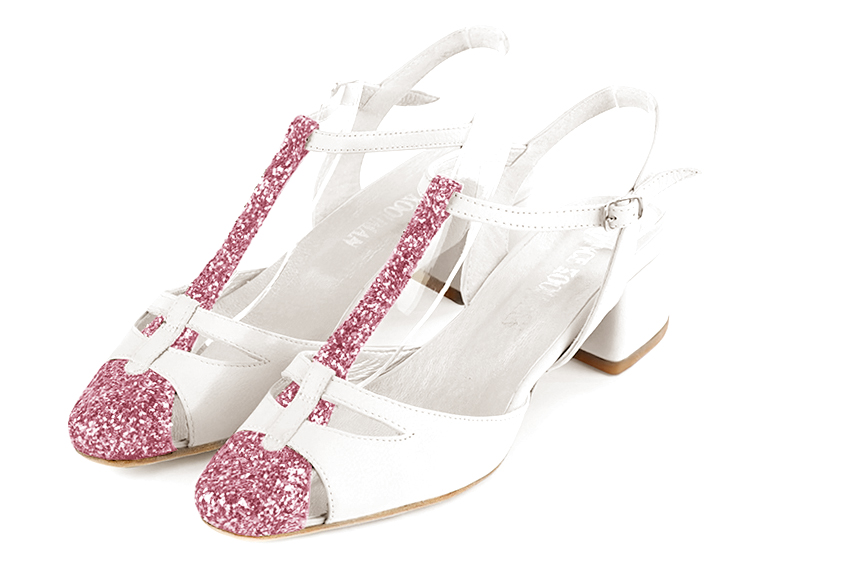 Carnation pink and off white women's open back T-strap shoes. Round toe. Low flare heels. Front view - Florence KOOIJMAN